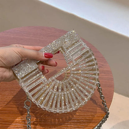 Women's Half-Moon Evening Bag Luxury Designer Rhinestone clutch bag Fan Shape Golden Party Bag Mini Sparkling Wedding Purse