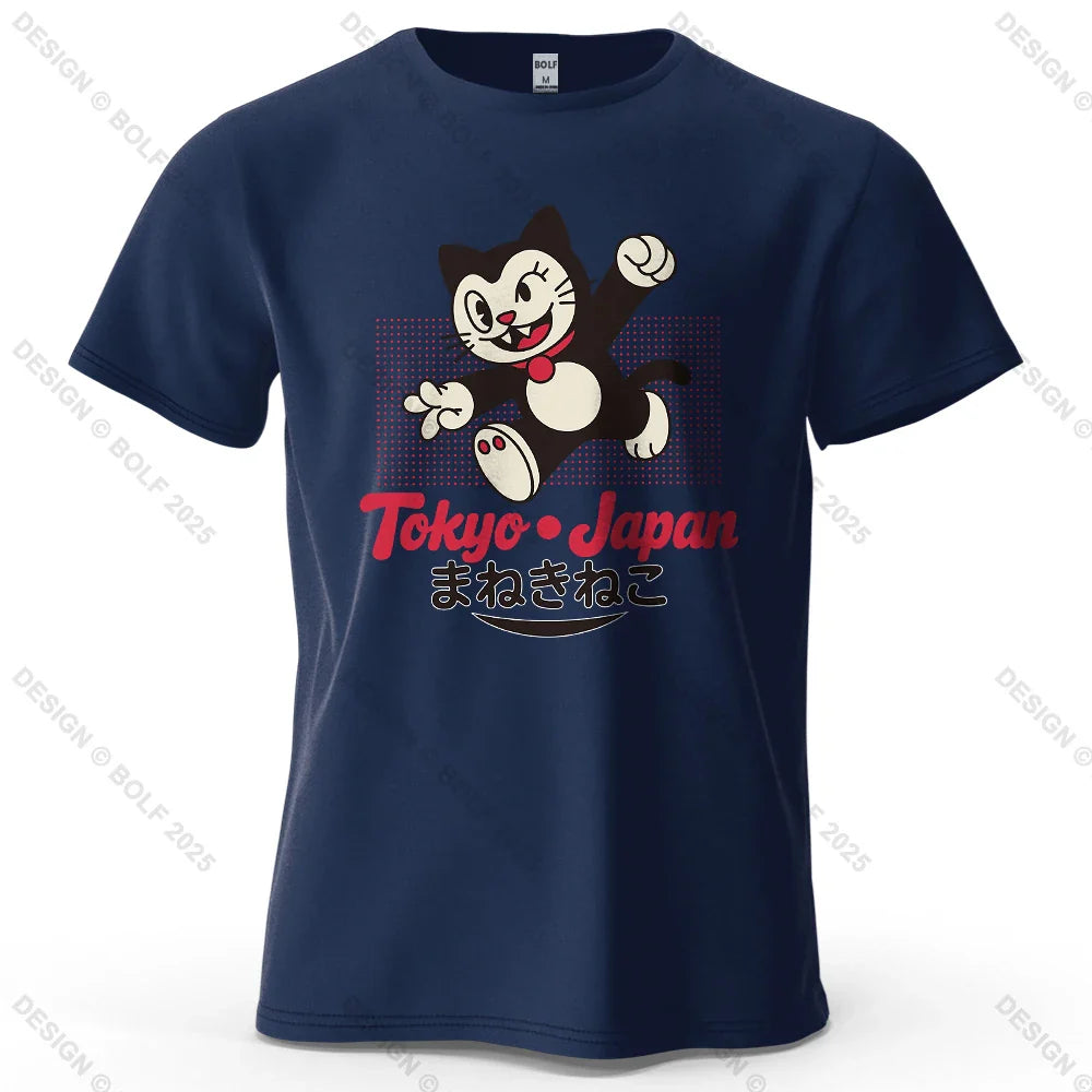 Tokyo Japan Maneki Neko Printed Men's T-Shirt 100% Cotton Oversized Cute Graphic Tees for Women Tops Tees Streetwear