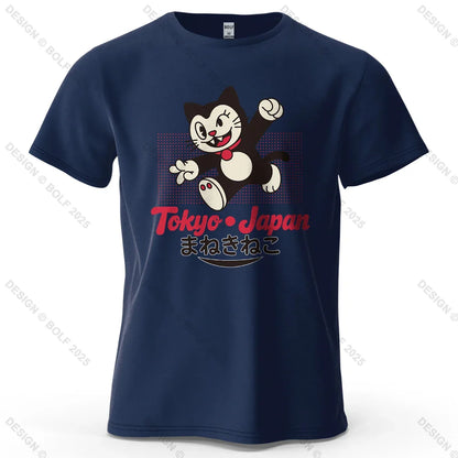 Tokyo Japan Maneki Neko Printed Men's T-Shirt 100% Cotton Oversized Cute Graphic Tees for Women Tops Tees Streetwear