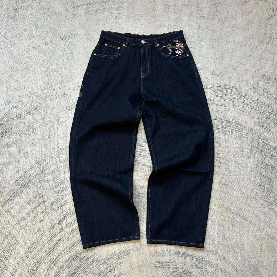Y2K Vintage Low Waist Hip Hop Cherry Blossom Embroidered Jeans  Wide Leg Trousers Clothes Mens Embroidered Baggy Jeans Womes