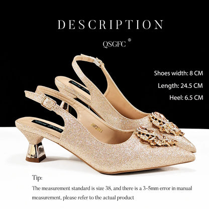 Italian Design Peach Color Pointed Toe Shoe & Bag Set Rhinestone Luxury  Women's High Heels for Parties By QSGFC
