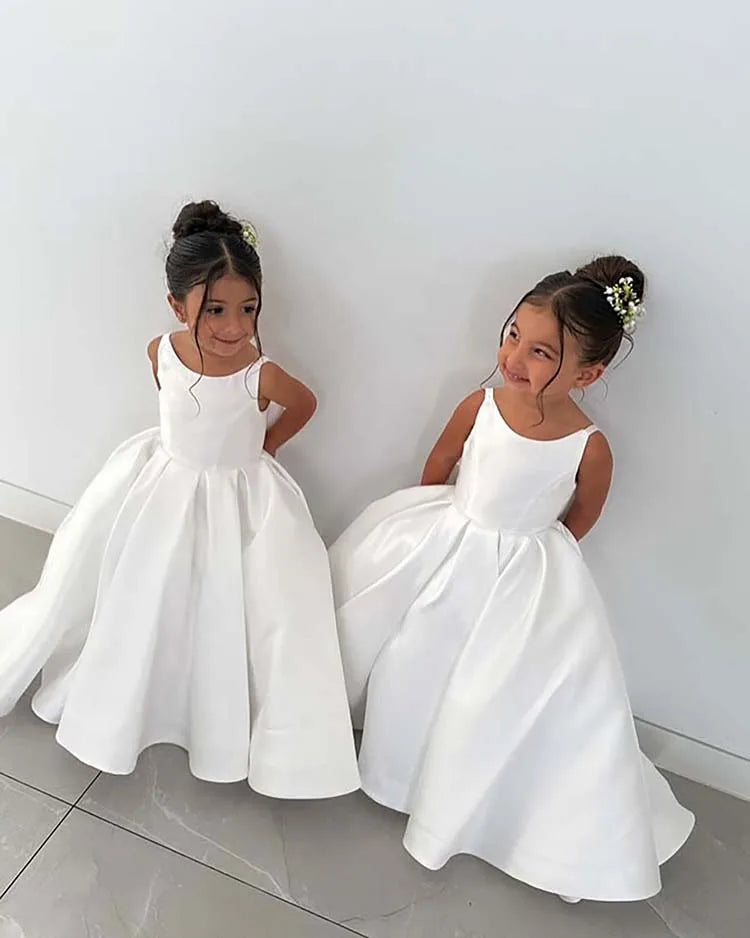 White Flower Girl Dress With Bow Strap Mini Bridal Wedding Dress Kids Ball Gown 1st Communion Frock Customized Vestidos De Noiva