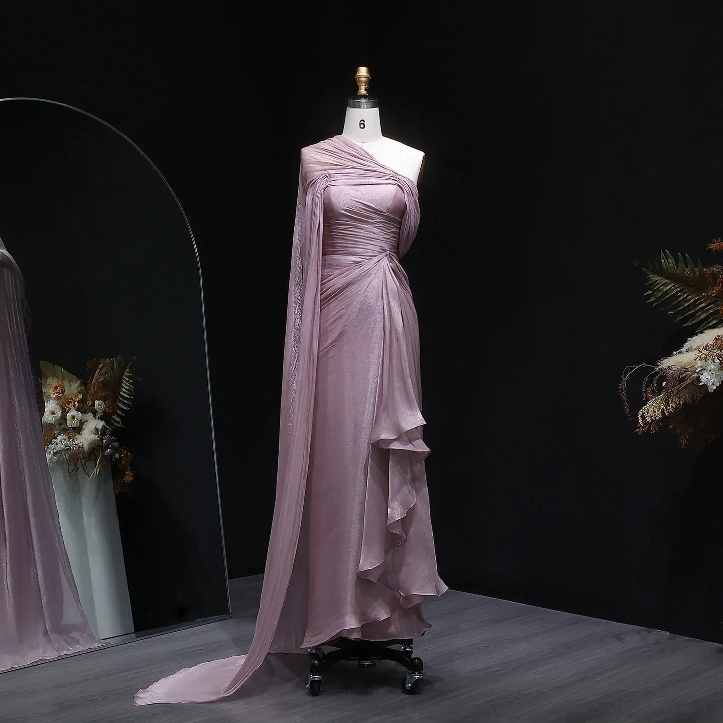2026 Women's Elegant Evening Dresses with Draped Cape Formal Birthday Gown Pink One Shoulder Arabic SF199 Customized