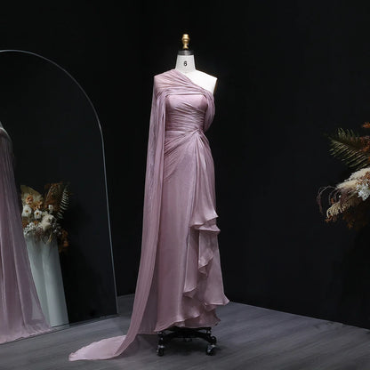 2026 Women's Elegant Evening Dresses with Draped Cape Formal Birthday Gown Pink One Shoulder Arabic SF199 Customized