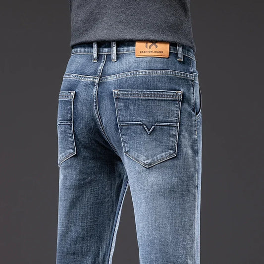 New Men's Slim Straight Elastic Jeans Fashion Business Casual Comfortable Soft Denim Trousers High Quality Mens Designer Clothes