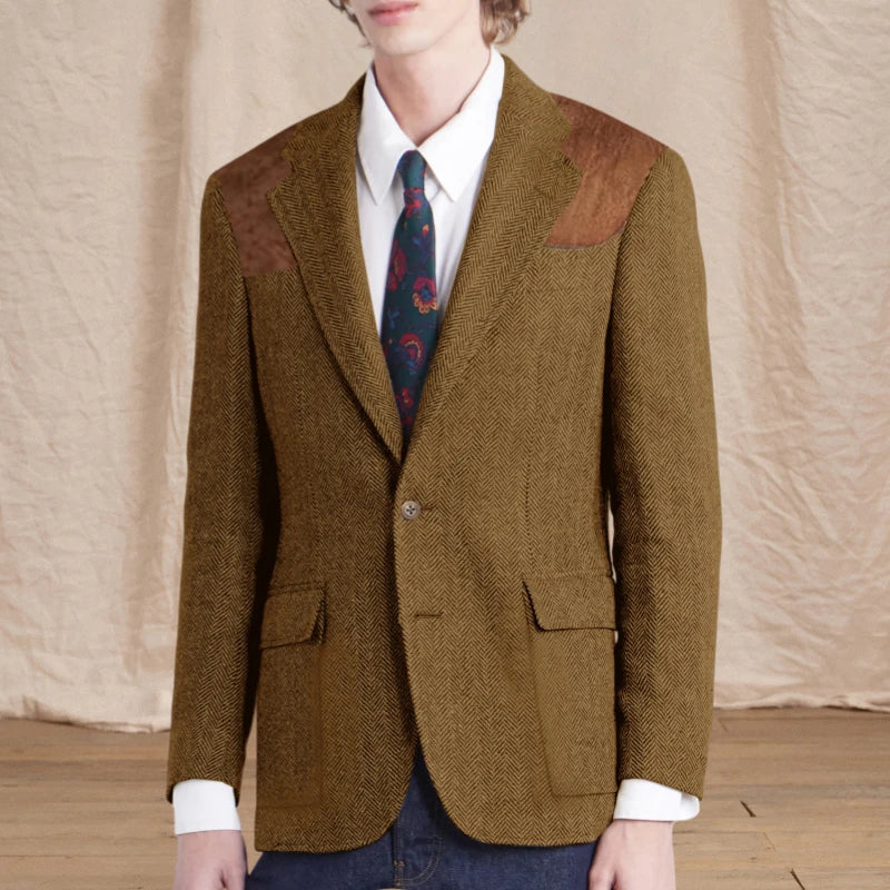 Vintage Men's Herringbone Tweed Blazer Suede Shoulder Patch Notch Lapel Slim Fit Jacket Casual Business Suit Sport Coat for Men