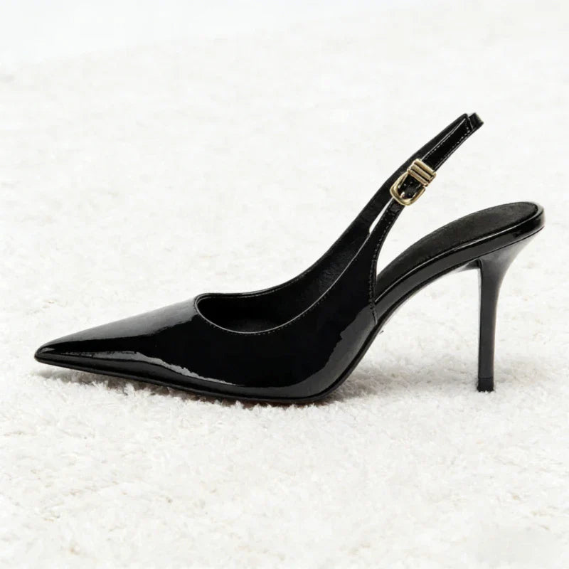 Sexy Black Pointed Toe Patent Leather Pumps Women Luxury Metal Ankle Strap Buckle Brand Designer Shoes Cozy Commuter Office Shoe