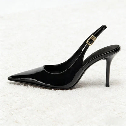 Sexy Black Pointed Toe Patent Leather Pumps Women Luxury Metal Ankle Strap Buckle Brand Designer Shoes Cozy Commuter Office Shoe