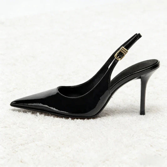Sexy Black Pointed Toe Patent Leather Pumps Women Luxury Metal Ankle Strap Buckle Brand Designer Shoes Cozy Commuter Office Shoe
