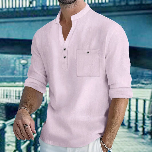 Men Mandarin Collar Long Sleeve Henley Cotton Linen Shirt Chest Pocket Breathable Beach Travel Daily Casual V Neck Top