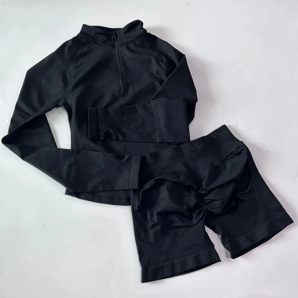 2pcs Long Sleeve Yoga Set Women Half Zippy Jacket Longline Sports Top Gym Shorts Fitness Suits Running Coats Workout Set