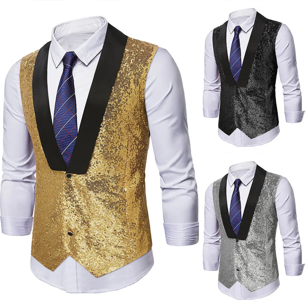 Men's Gold Sleeveless Blazer, Round Sequin-embellished Blazer Jacket, Perfect for Weddings, Parties, DJ Events, and Nightclubs.