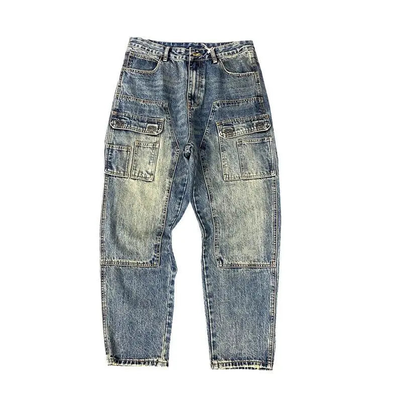 Autumn American Casual Ruffian Handsome Washed Retro Tooling Jeans Men's Straight Loose High Street Tapered Pants Tide