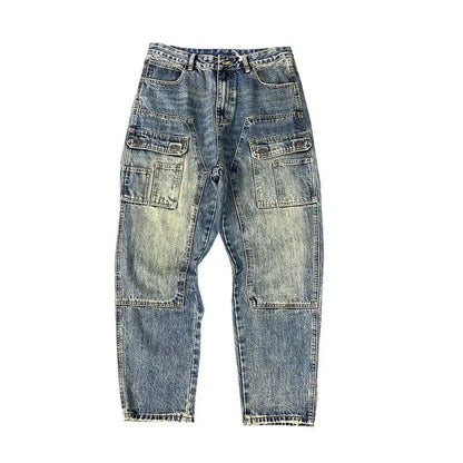 Autumn American Casual Ruffian Handsome Washed Retro Tooling Jeans Men's Straight Loose High Street Tapered Pants Tide