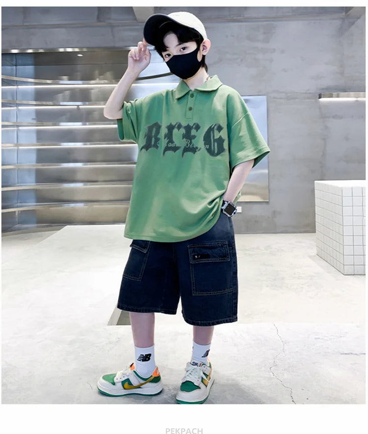 Korean Kids Boy Suit Summer Set Fashion Teenager Child Clothes Set Cotton Polo Shirt + Shorts 2pcs Outfits Tracksuit Costume