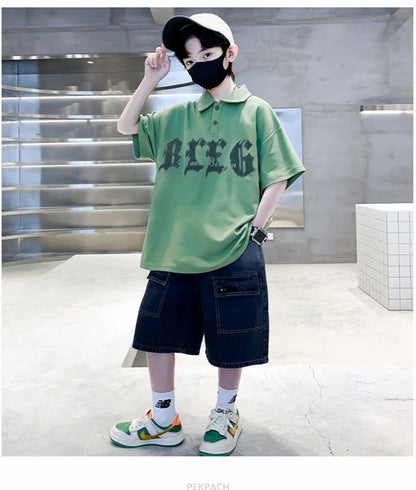 Korean Kids Boy Suit Summer Set Fashion Teenager Child Clothes Set Cotton Polo Shirt + Shorts 2pcs Outfits Tracksuit Costume