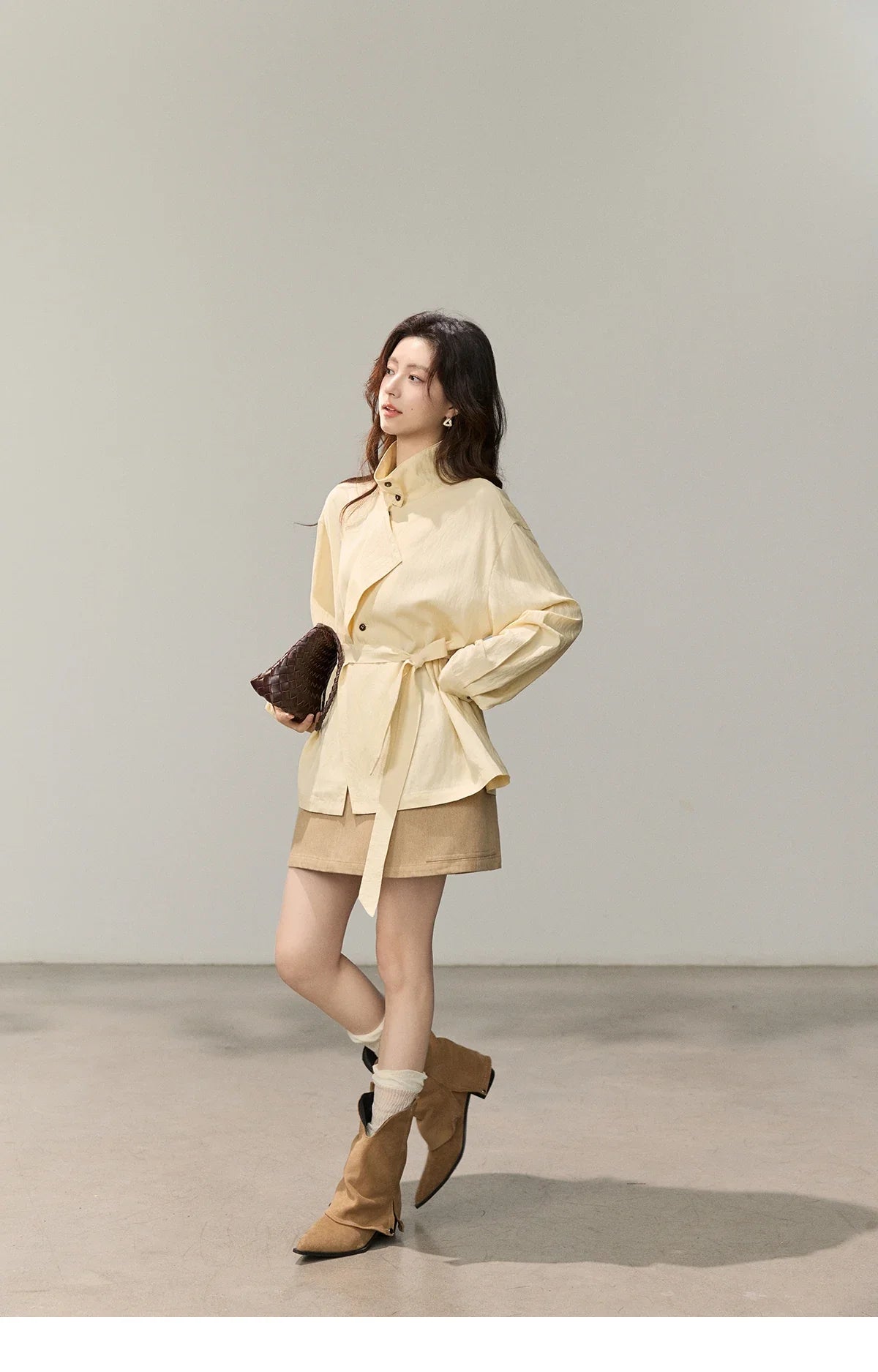 Women's Stand Collar Long Sleeve Shirts Spring Belted Waist Asymmetric Button Tops Casual Loose Solid Shirt MXF13C2459