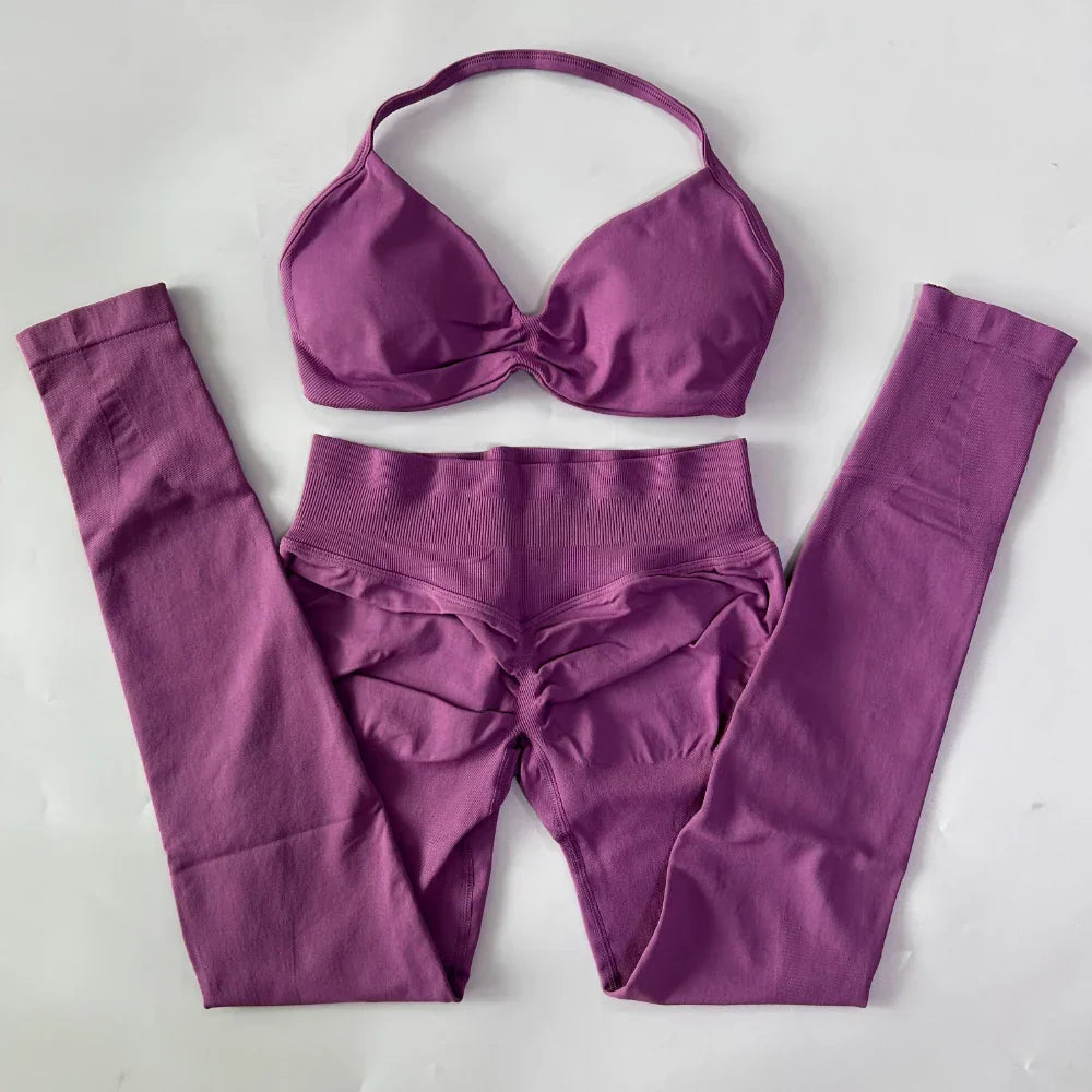 2 Pieces Set For Woman Strappy Yoga Bra Sports Top Workout Leggings Set Seamless Gym Set Fitness Clothes Outfit Activewear