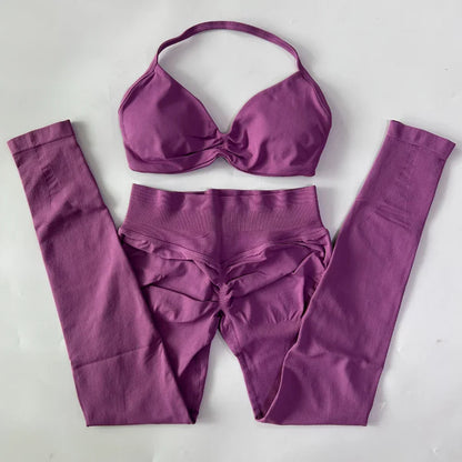 2 Pieces Set For Woman Strappy Yoga Bra Sports Top Workout Leggings Set Seamless Gym Set Fitness Clothes Outfit Activewear