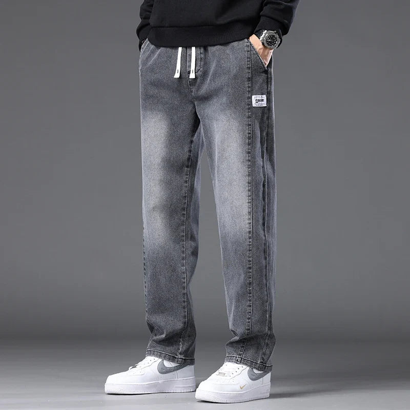 Autumn Winter Blue Jeans Men Drawstring Elastic Waist Cotton Cargo Denim Pants Work Fashion Thick Trousers Male Plus Size M-4XL