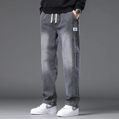 Autumn Winter Blue Jeans Men Drawstring Elastic Waist Cotton Cargo Denim Pants Work Fashion Thick Trousers Male Plus Size M-4XL