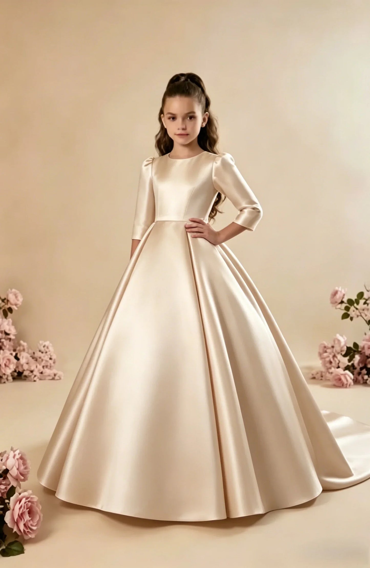 Custom Girls First Communion Dress 2025 New Long Sleeve Matte Satin A-Line Tail Evening Gown Girls Wedding Party Princess Dress