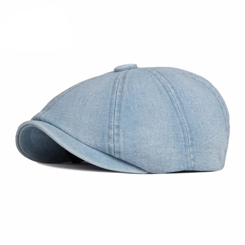 Men's Octagonal Hat Casual Solid Eight-blade Berets Washed Denim Newsboy Cap Women Painters Hat Peaked Herringbone Flat Cap