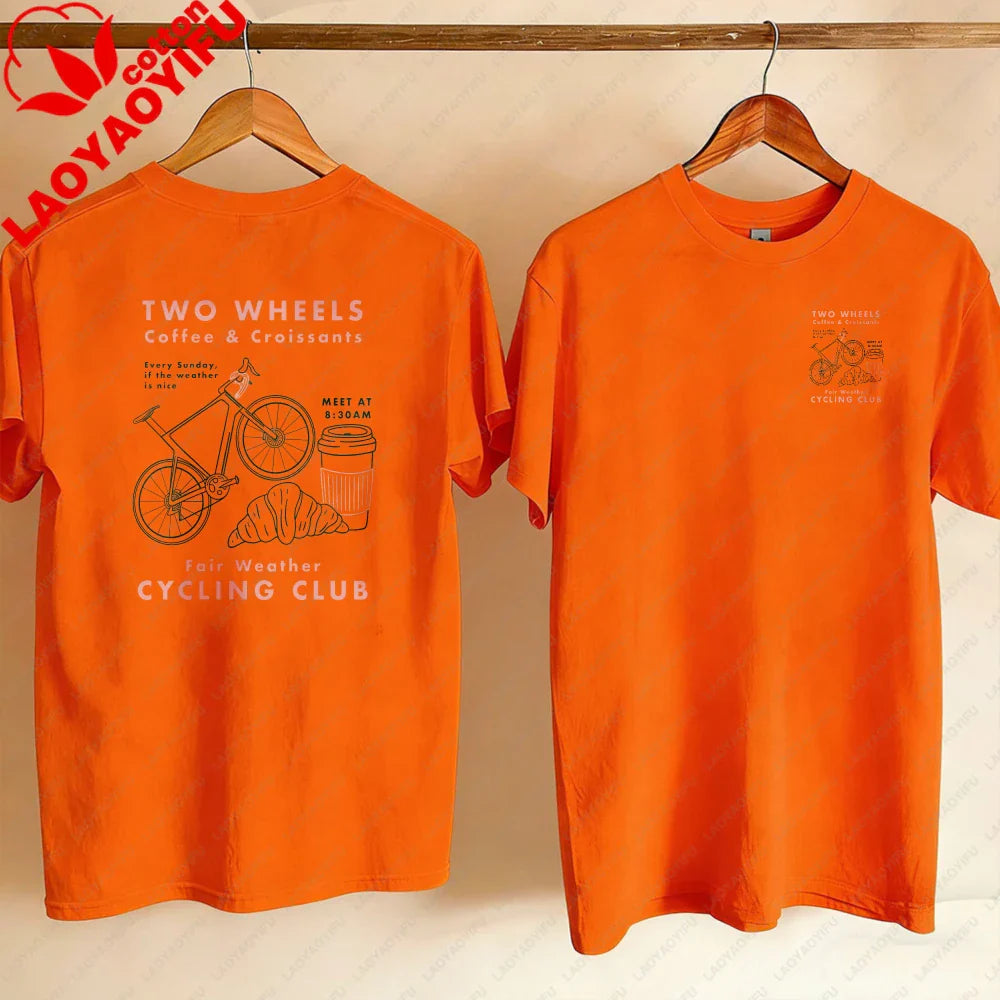 Cycling Club Cropped T-Shirt Hand-Drawn Bike Coffee & Croissants Graphic T Shirts Oversized T Shirt High Quality Cotton Tops Tee