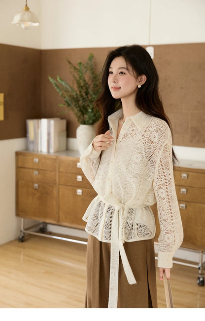 Women's Hollow-out Lace Shirt Camisole Set 2026 Spring Lapel Drawstring Waist Sheer Casual Two-Piece Knitwear MXF108C0816