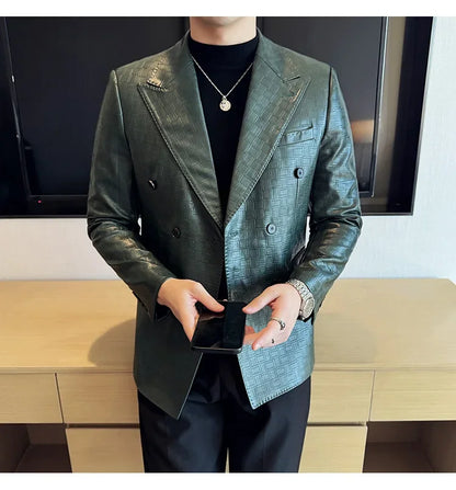 High Quality Square Grid Double Breasted Leather Jacket Fashion Business Slim Fit Casual Men Suit Blazer Tuxedos Men Clothing