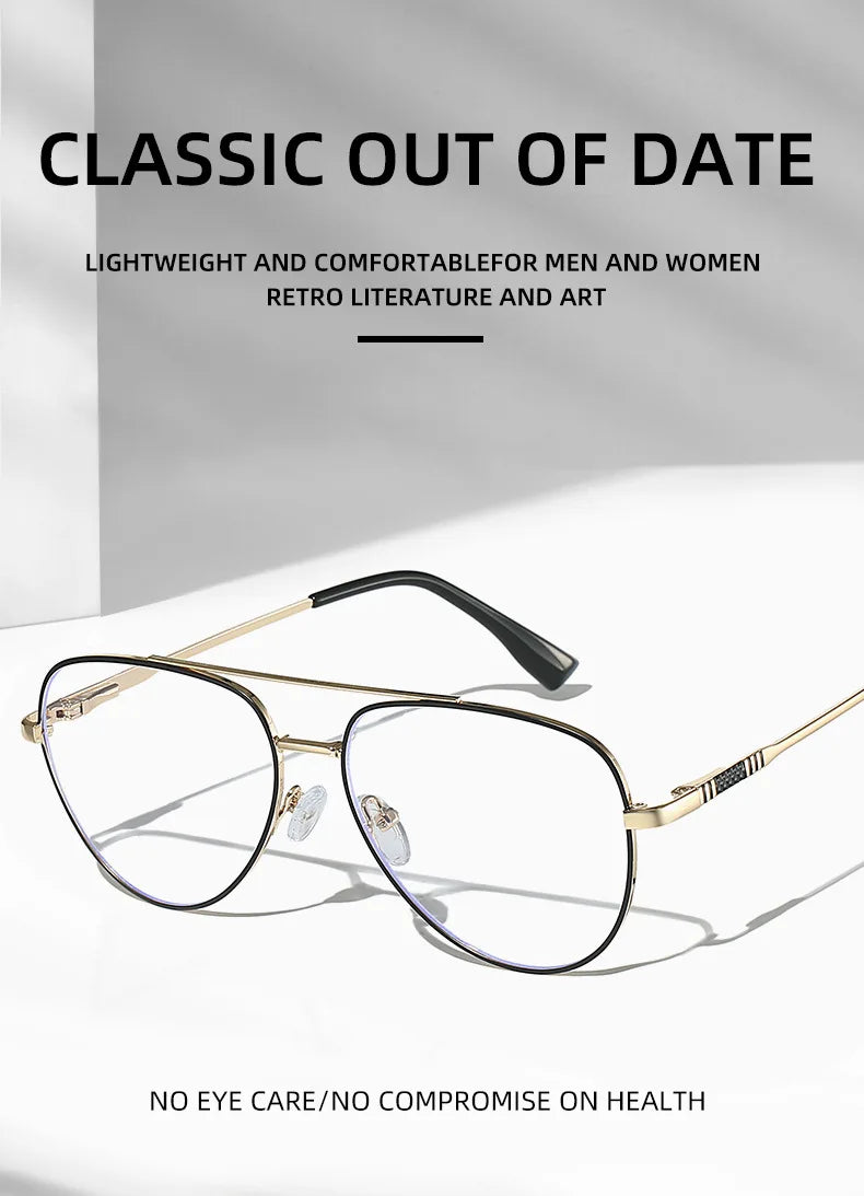 Double Bridge Anti-Blue Light Reading Glasses Men's Metal Pilot Style Leisure Travel Customized Prescription Myopia RS6912