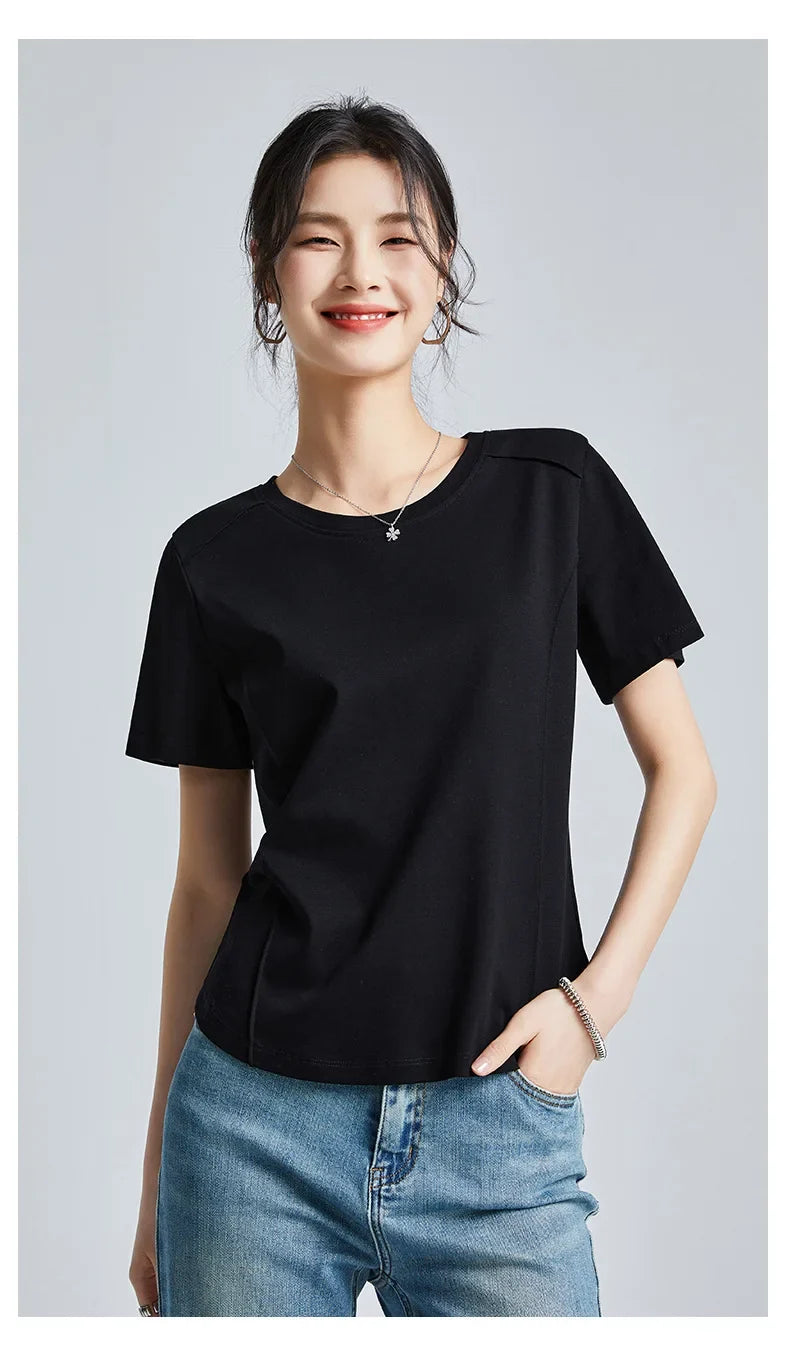 Summer Women's White Mercerized Cotton T-Shirt | 3D Stitching Round Neck Basic Top | Plus Size Slim Fit Layered Casual Blouse