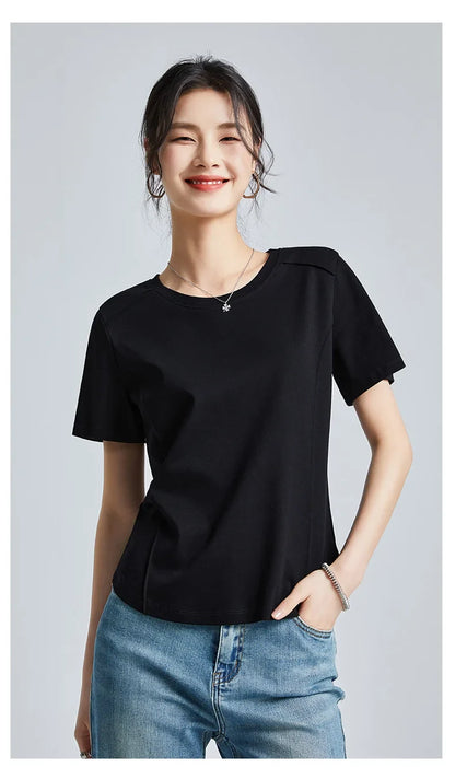 Summer Women's White Mercerized Cotton T-Shirt | 3D Stitching Round Neck Basic Top | Plus Size Slim Fit Layered Casual Blouse