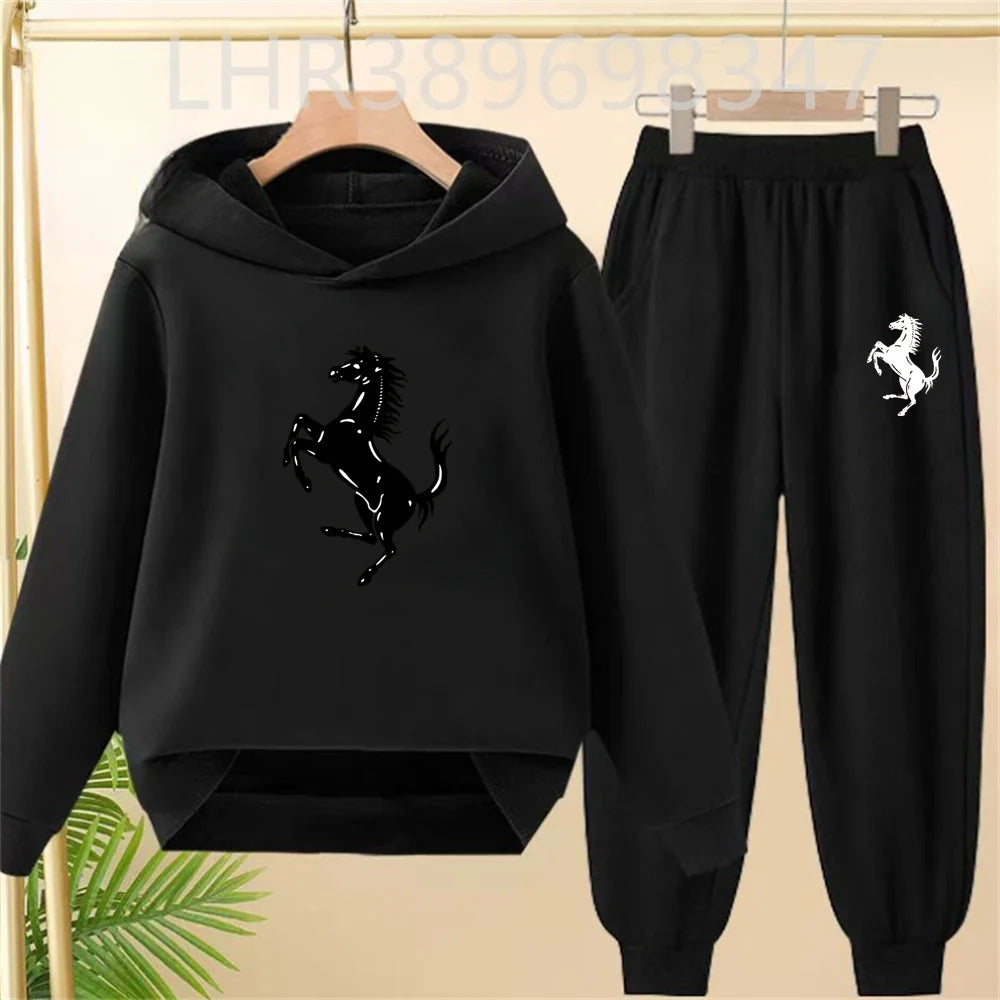 Children's Hoodies Top+Bottom Suit Girls Pink Boy Black Age 3-12 Coat Casual Toddler Long Sleeves Autumn Pegasus Print Clothing