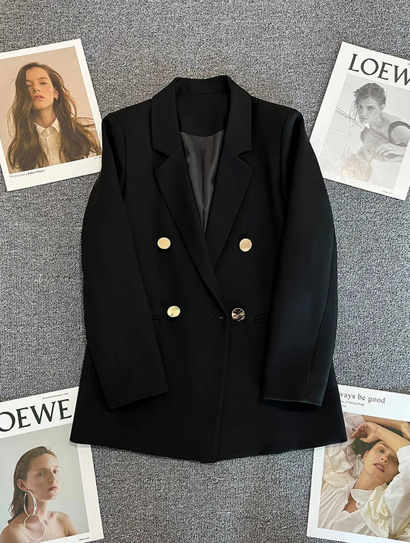 Casual Small Suit Jacket Women Fashion Loose Metal Double-Breasted Blazer Coat Korean Occupation Office Formal Lapel Blazers