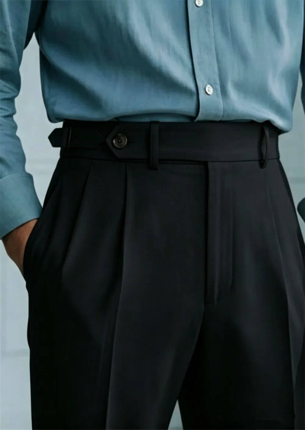 Men’s Beige High Waist Pleated Trousers Tailored Dress Pants with Side Adjusters Vintage Old Money Style