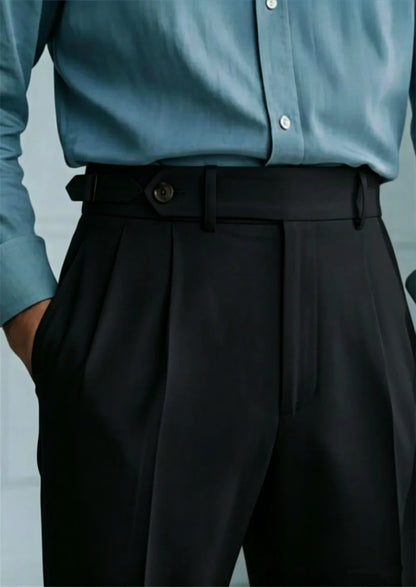 Men’s Beige High Waist Pleated Trousers Tailored Dress Pants with Side Adjusters Vintage Old Money Style