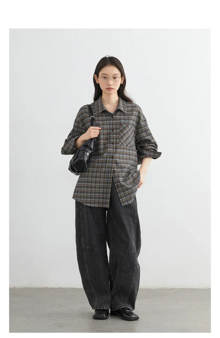 New Women Shirt Loose Casual Long Sleeved Vintage Thick Sanding Female Plaid Blouses Single-breasted Autumn Winter 2026