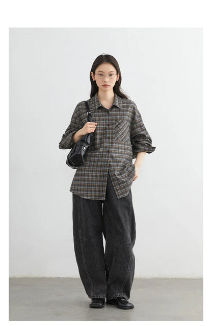New Women Shirt Loose Casual Long Sleeved Vintage Thick Sanding Female Plaid Blouses Single-breasted Autumn Winter 2026
