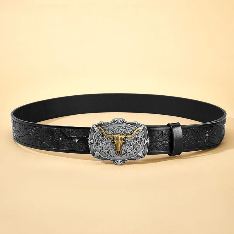 Western Cowboy PU Leather Belt - Men Waist Strap Bull Decoration Floral Engraved for Jeans