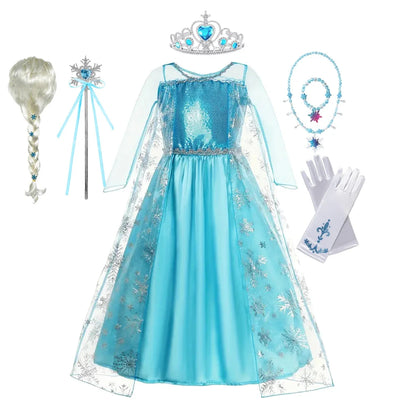 Girls Cosplay Snow Queen Elsa Snowflake Cape Costumes Kids Carnival Party Prom Gown Children Clothes Elsa Princess Dresses