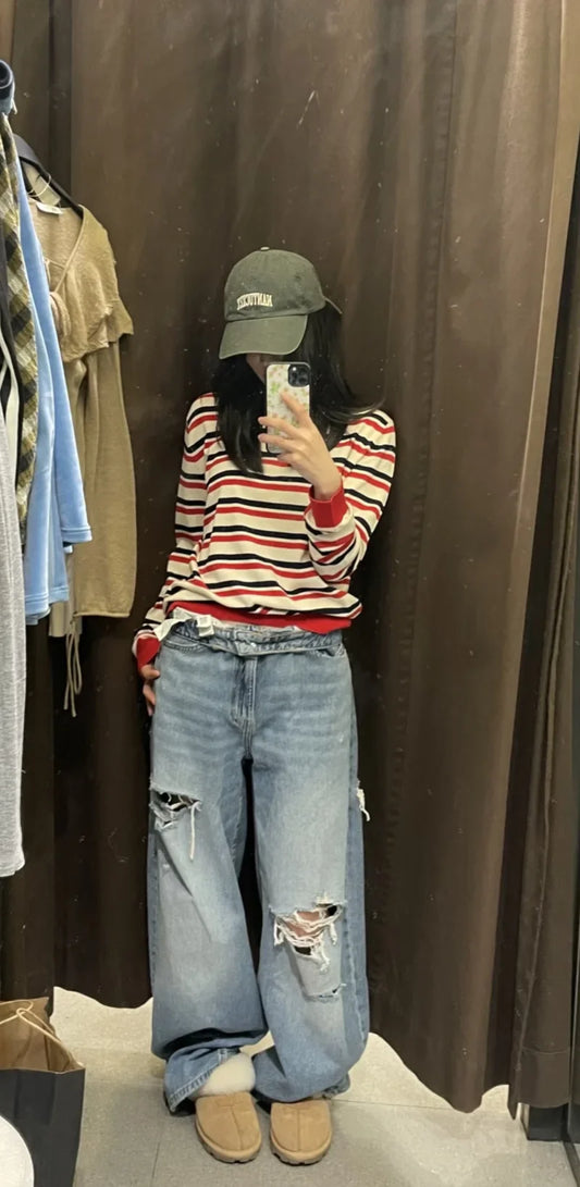 2025 women's new street fashion fold waist mid waist washed ripped jeans loose version of the floor-length pants