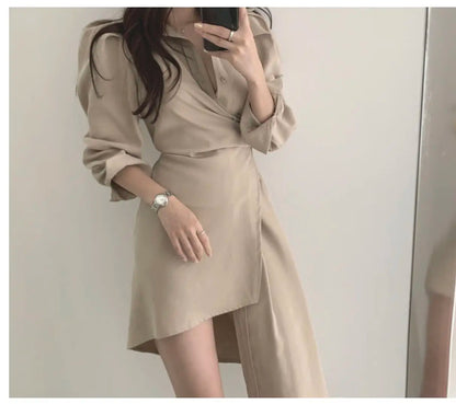 Early Autumn Shirt Dress Women's Mid-Length Asymmetrical Single-Button Notch Collar Slimming Style Commute Fashion