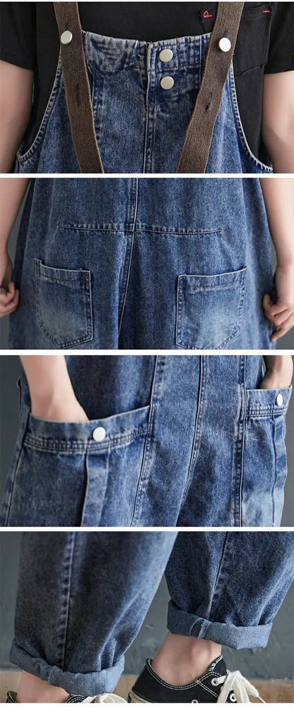 Anti-Aging High Waist Loose Women's Denim Overalls Korean Sle Summer Faion Thinming Harem Nine-Piece Pants
