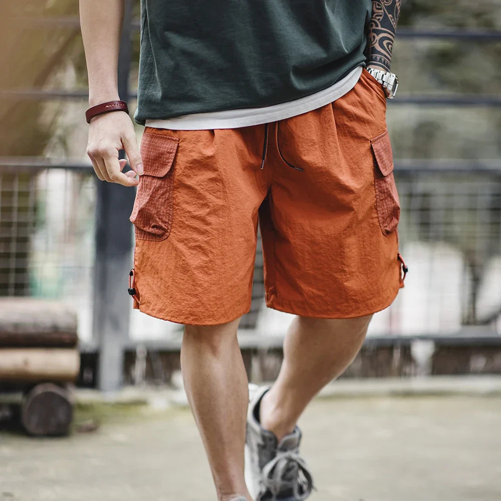 Summer Men Straight Shorts Orange Patchwork Gingham Loose Beach Pants Plus Size Shorts Elastic Waist Light Breathable