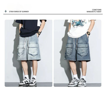 Bermuda Men's Denim Shorts Summer New Fashion Loose Jeans Casual Vintage Drawstring Cargo Short Pants Male Streetwear