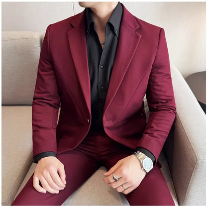 (Jacket+Pant) New Men Pure Color Business Social Wedding Party Suit Fashion Male Banquet Party Slim Fit Dress Blazer and Trouser