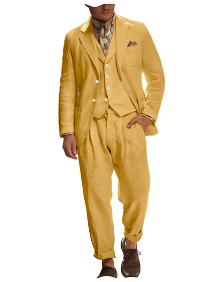 Italian Style Men's Linen 3 Piece Set Notch Lapel 2 buttons Blazer+Vest+Pants Breathable Lightweight Summer Casual Business Suit