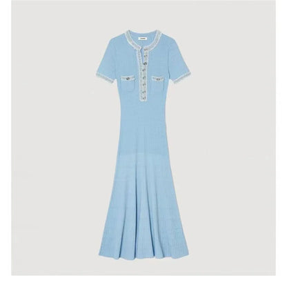 Elegant Contrasting Women Knit Maxi Dress Chic O-neck Short Sleeve Metal Buttons Bodycon Dresses Office Lady Commuting Robe