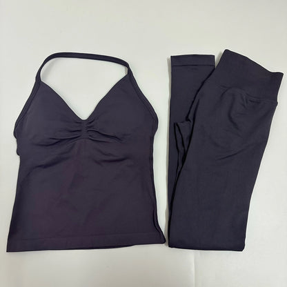 Set of 2 pieces of women's yoga mesh, sleeveless tops with open back, high-waisted gym suit, fitness clothing, yoga set